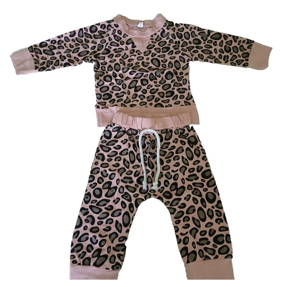 Girls 100% Cotton Leopard Pink 2-Piece Long Sleeve Outfit Side Slits Cute